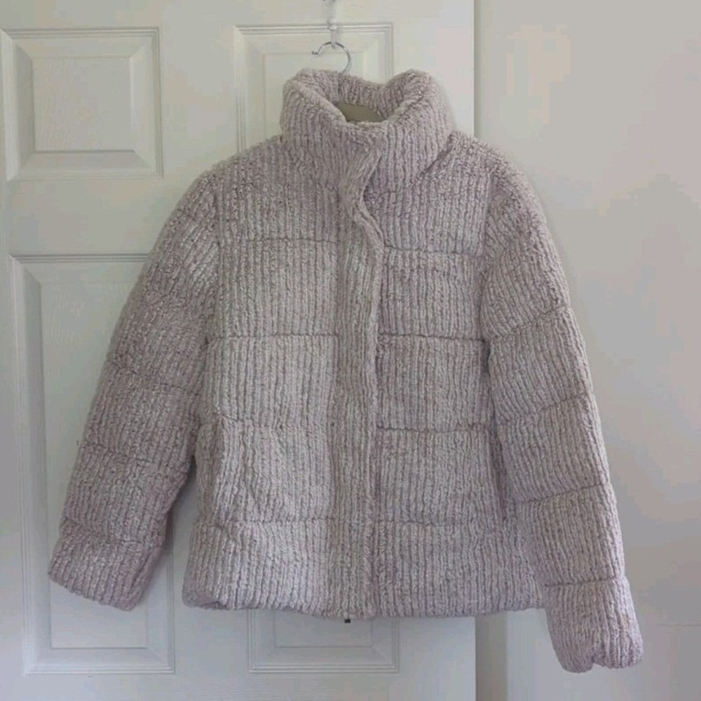 Anthro Unreal Fur Puffer Jacket Drizzle Grey Vegan Coat Sz S Butter Soft Cozy